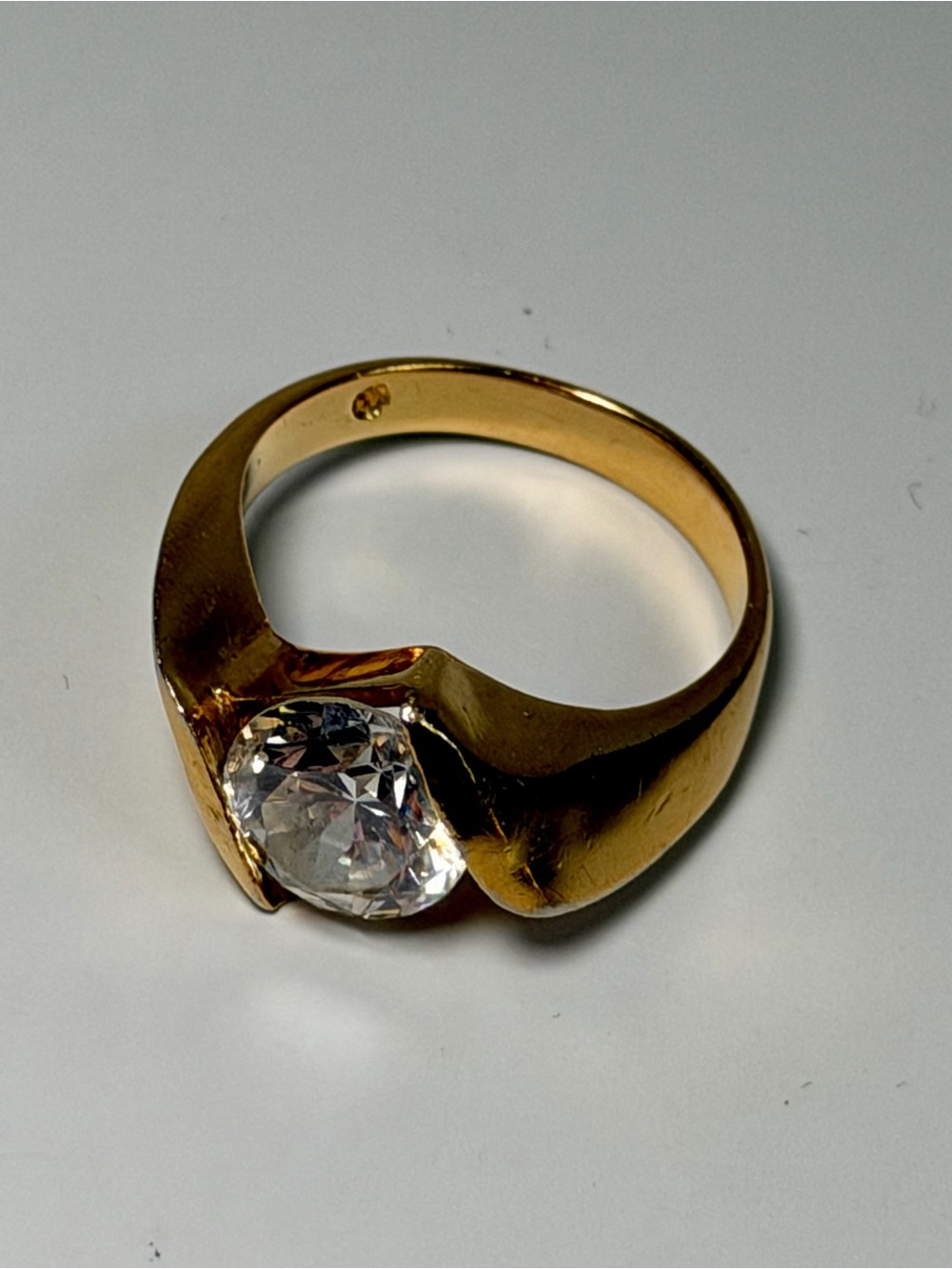 Vintage Gold Tone Solitaire Ring Large Clear Stone Size 8 Statement Ring - Picture 2 of 10